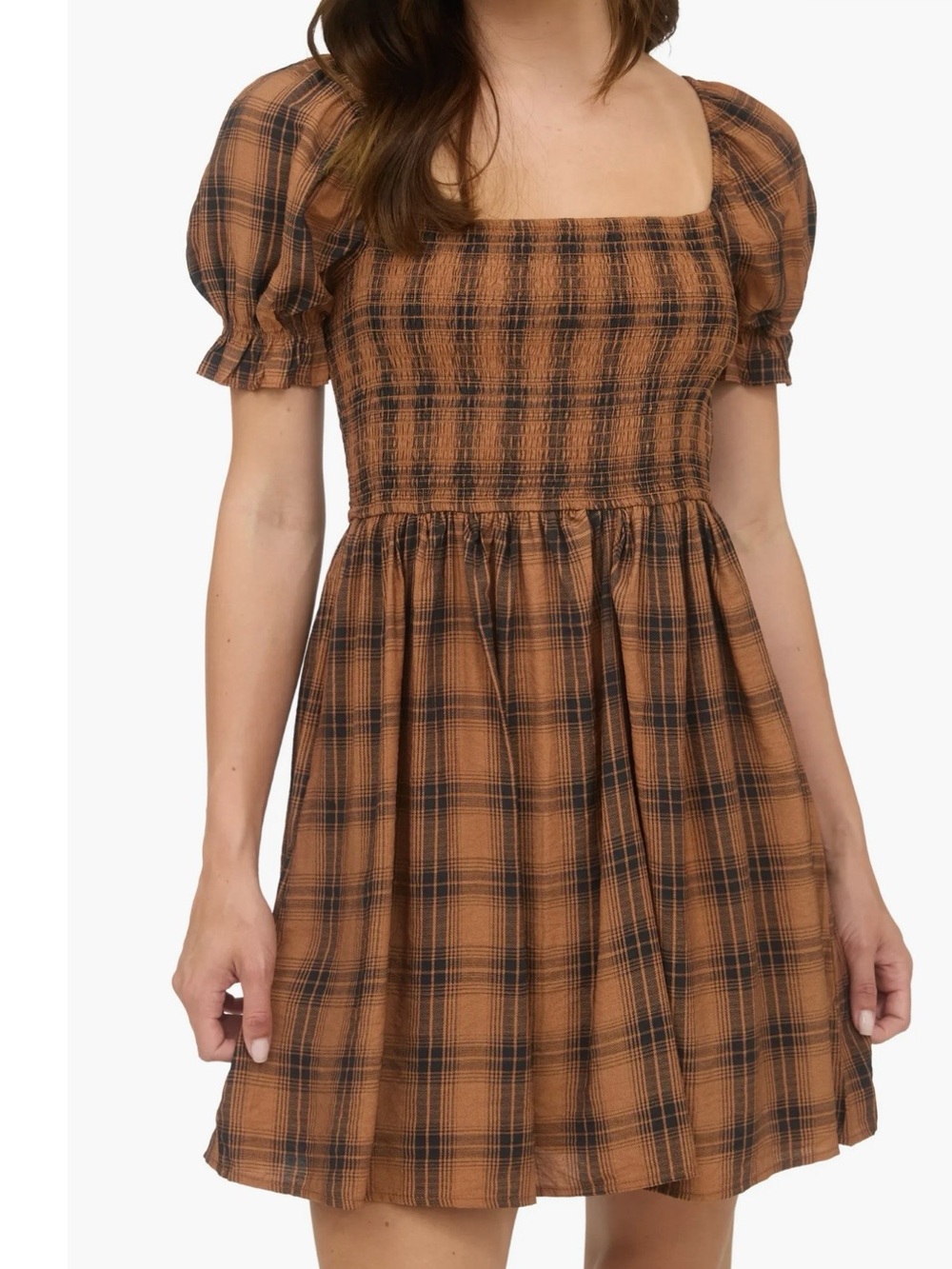 Blu Pepper Plaid Smocked Square-Neck Mini Dress - Brown